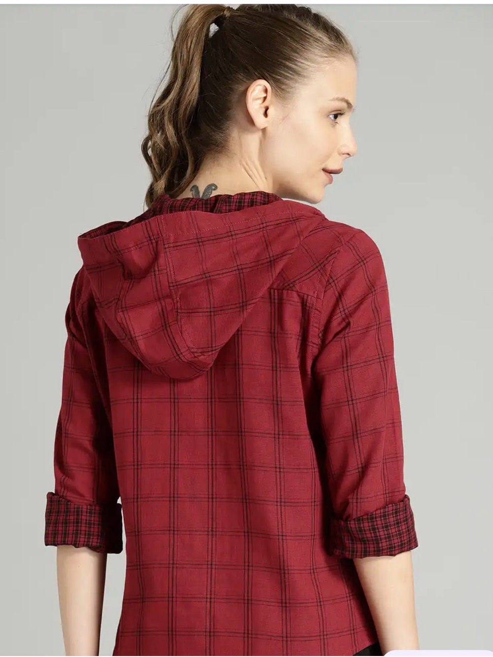 Women’s Red Plaid Hooded Button-Down Shirt Reversible Roadster